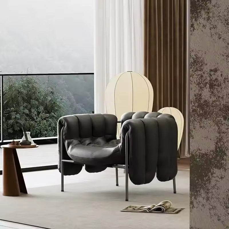 Luxury Modern Lounge Chair - Sculpted Leather with Metal Frame