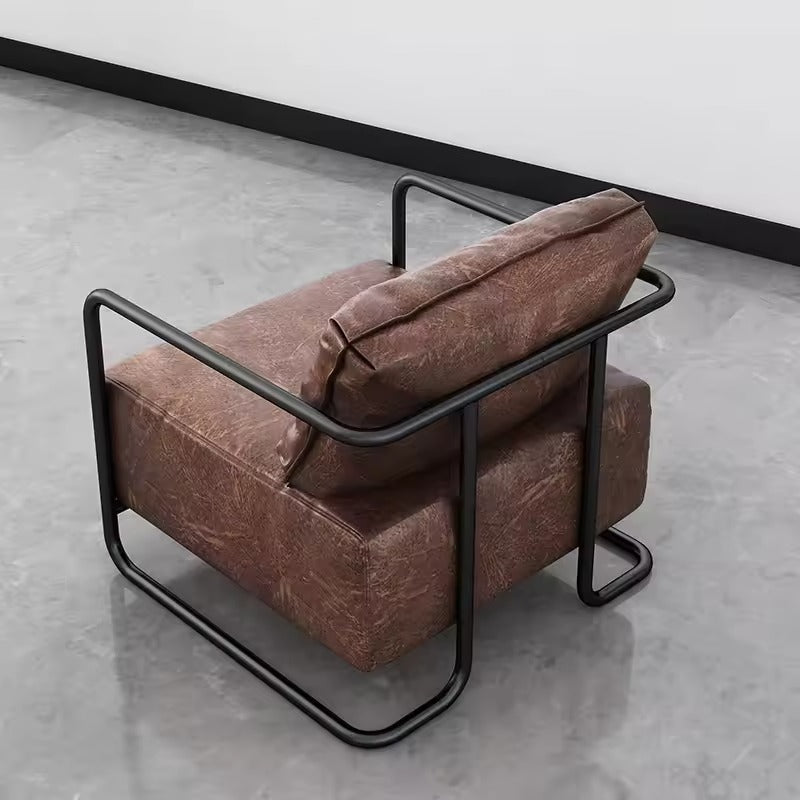 Industral Leather Lounge Chair - Vintage Metal Frame Seatingi