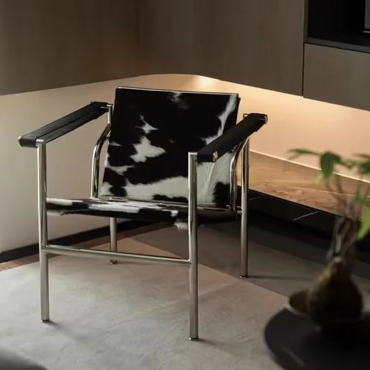 Modern Cowhide Lounge Chair - Chrome & Leather Accent Seating